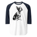 Boston Terrier Line Art 3/4 Sleeve Raglan Shirt . White Navy