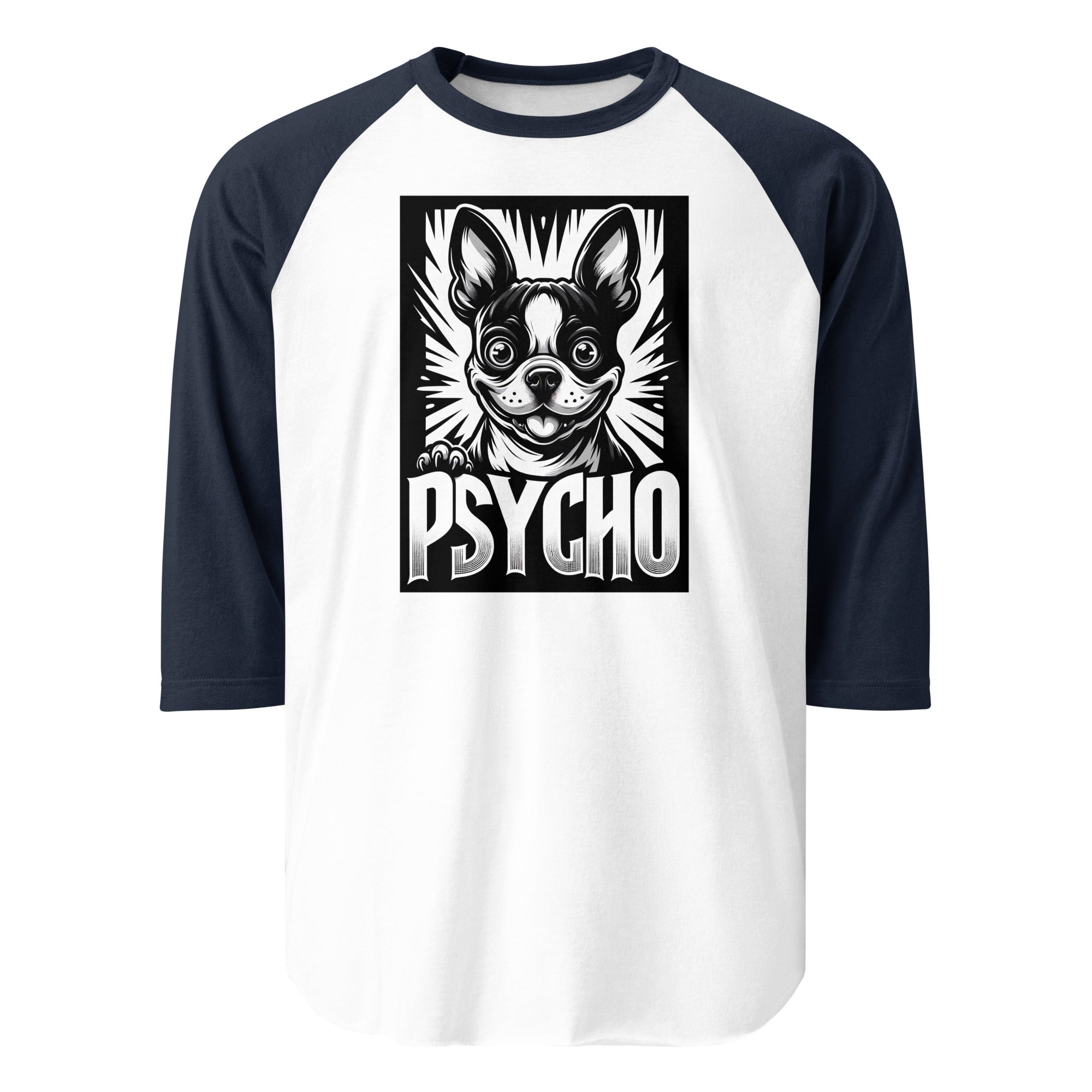 Psycho Boston Terrier Dog 3/4 Sleeve Raglan Shirt . White Navy