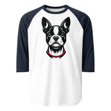 Minimalist Boston Terrier Face 3/4 Sleeve Raglan Shirt . White Navy