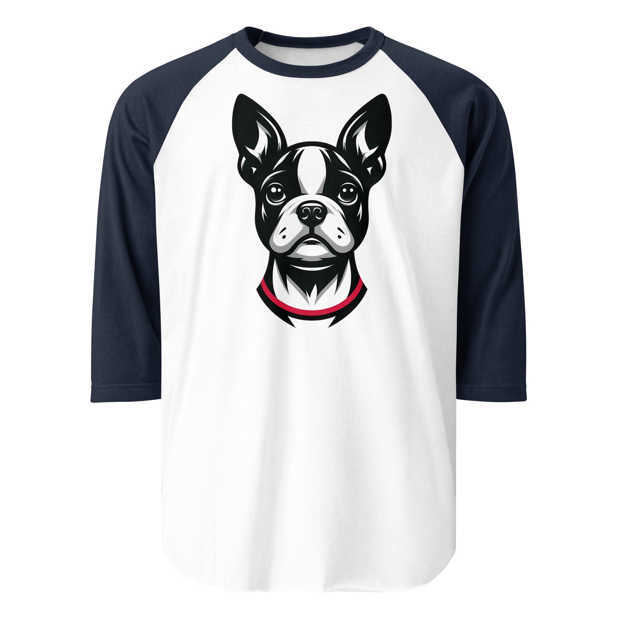 Minimalist Boston Terrier Face 3/4 Sleeve Raglan Shirt . White Navy