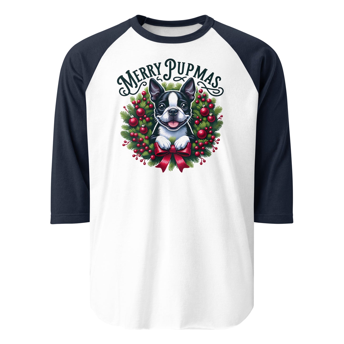 Merry Pupmas 3/4 Sleeve Raglan Shirt . White Navy