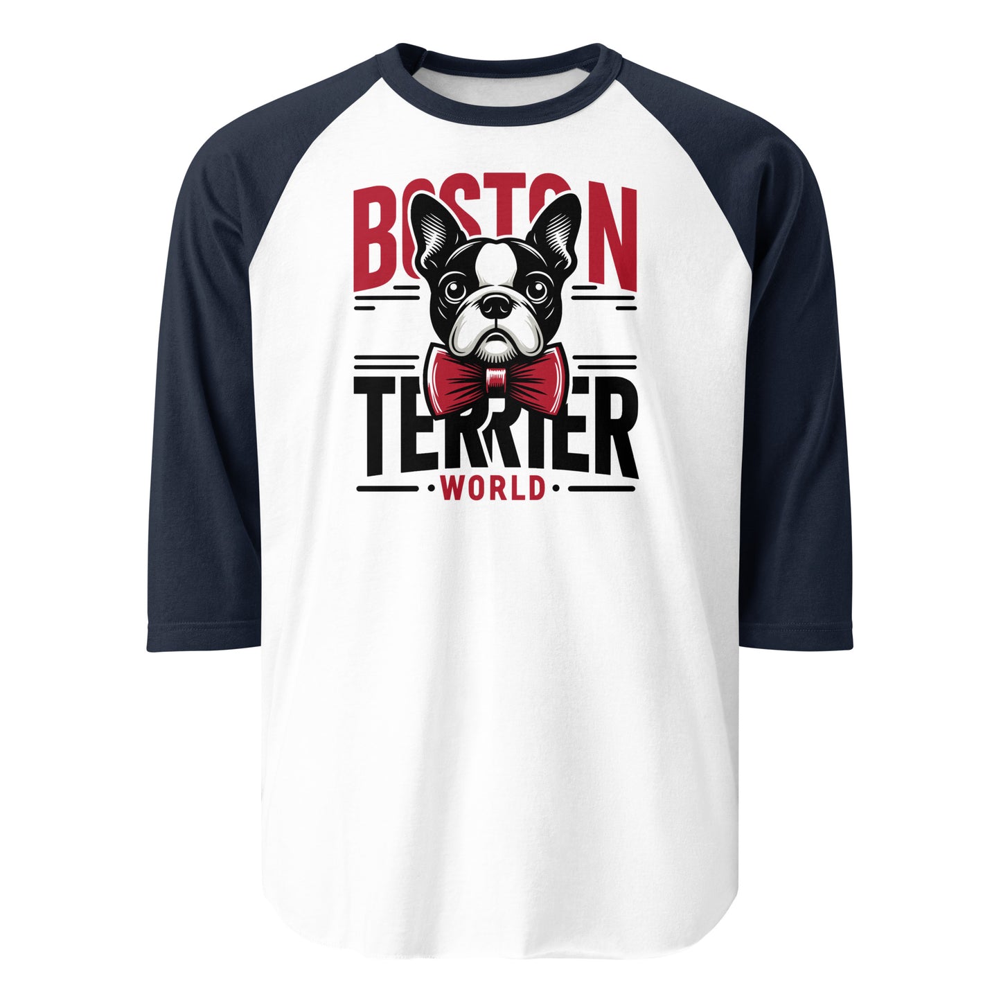 Boston Terrier World 3/4 Sleeve Raglan Shirt . White Navy
