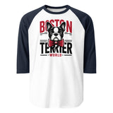 Boston Terrier World 3/4 Sleeve Raglan Shirt . White Navy