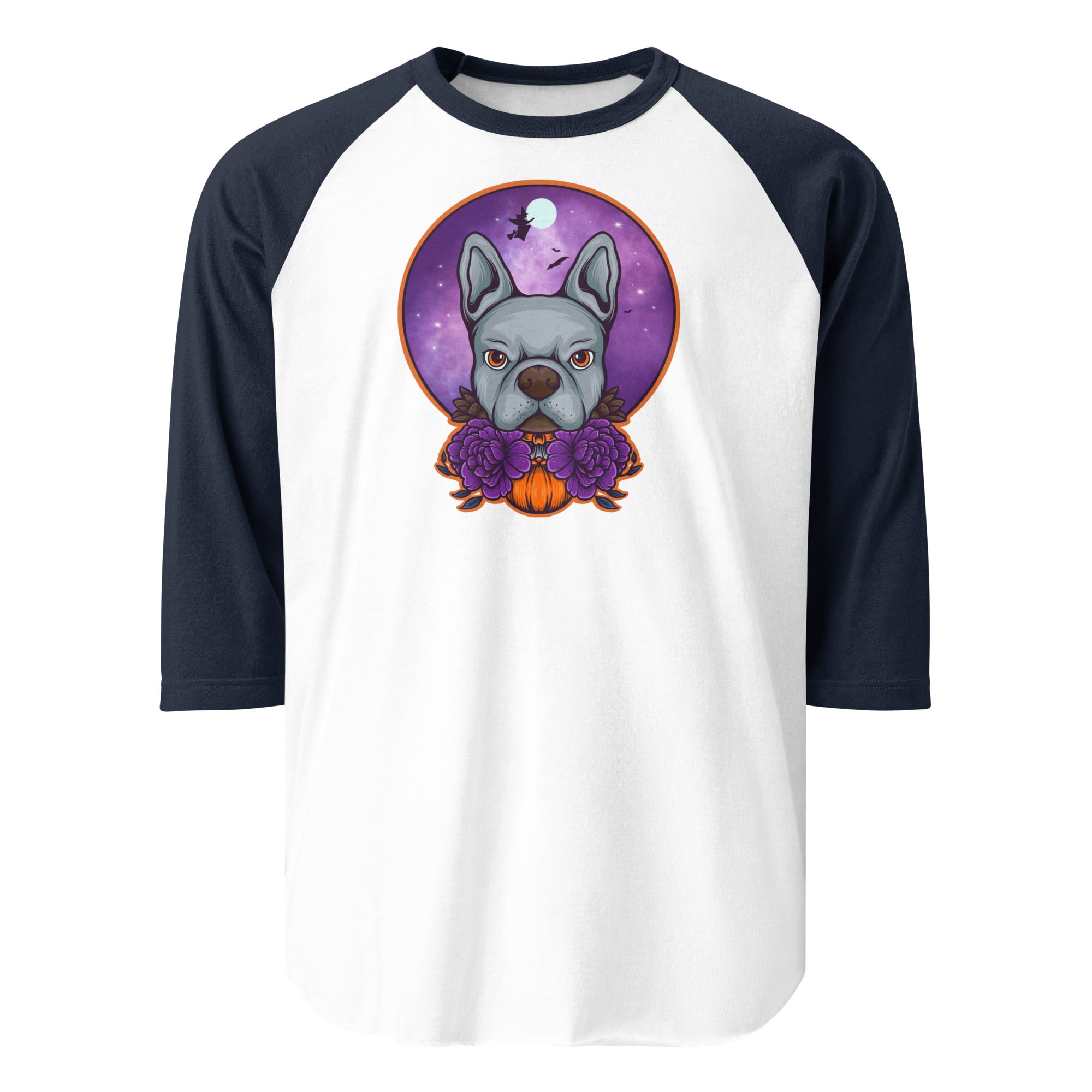 Boston Terrier Halloween 3/4 Sleeve Raglan Shirt . White Navy