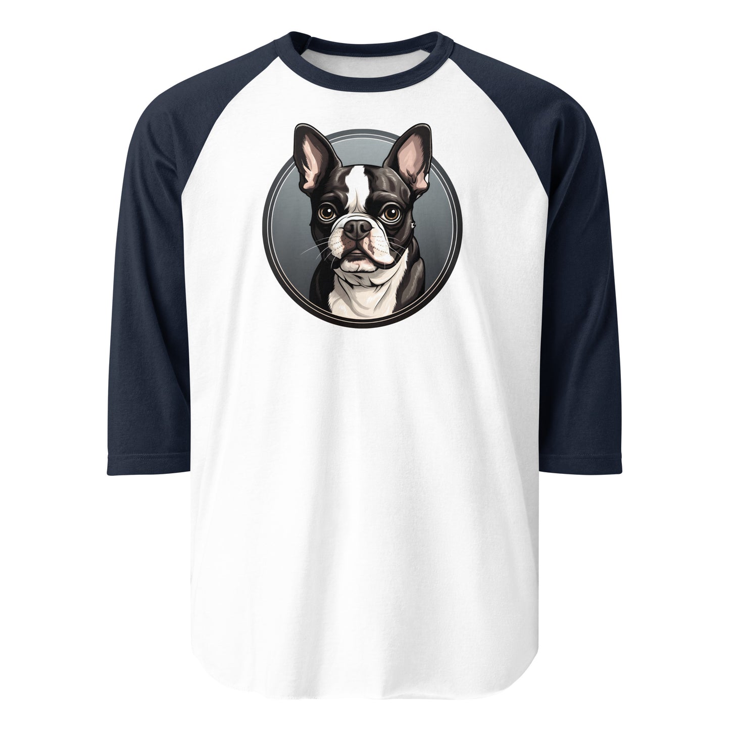 Cartoon Boston Terrier Dog Portrait 3/4 Sleeve Raglan Shirt . White Navy