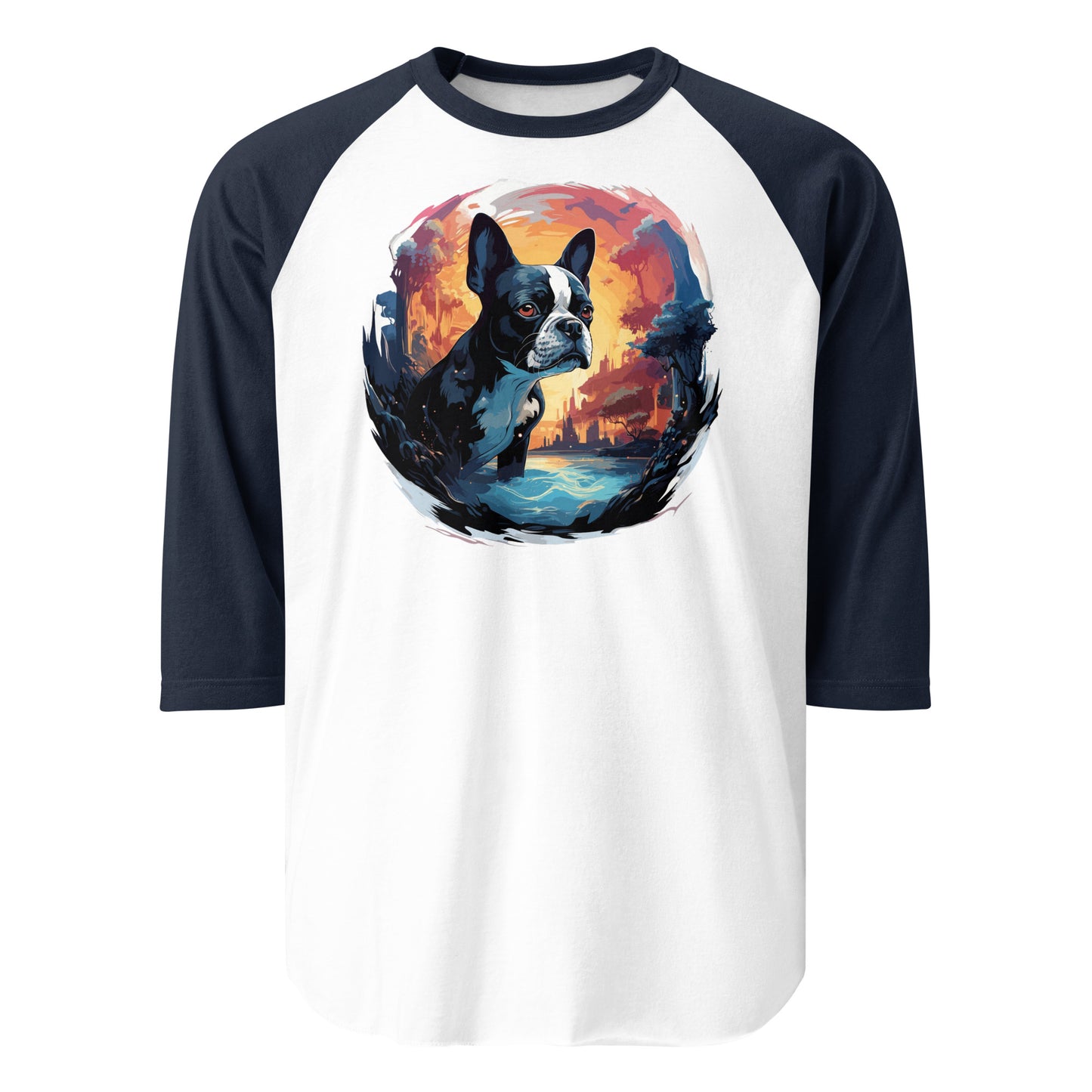 Artistic Representation Of A Boston Terrier 3/4 Sleeve Raglan Shirt . White Navy