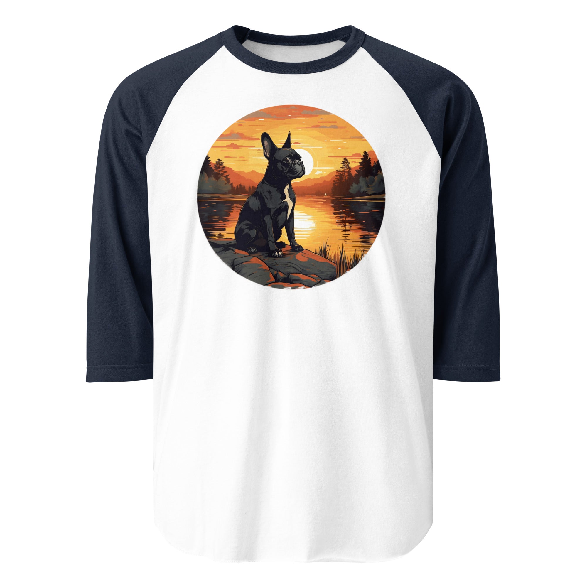 Boston Terrier Sitting By A Calm Lake 3/4 Sleeve Raglan Shirt . White Navy