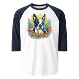 Boston Terrier Surrounded By Flowers 3/4 Sleeve Raglan Shirt . White Navy