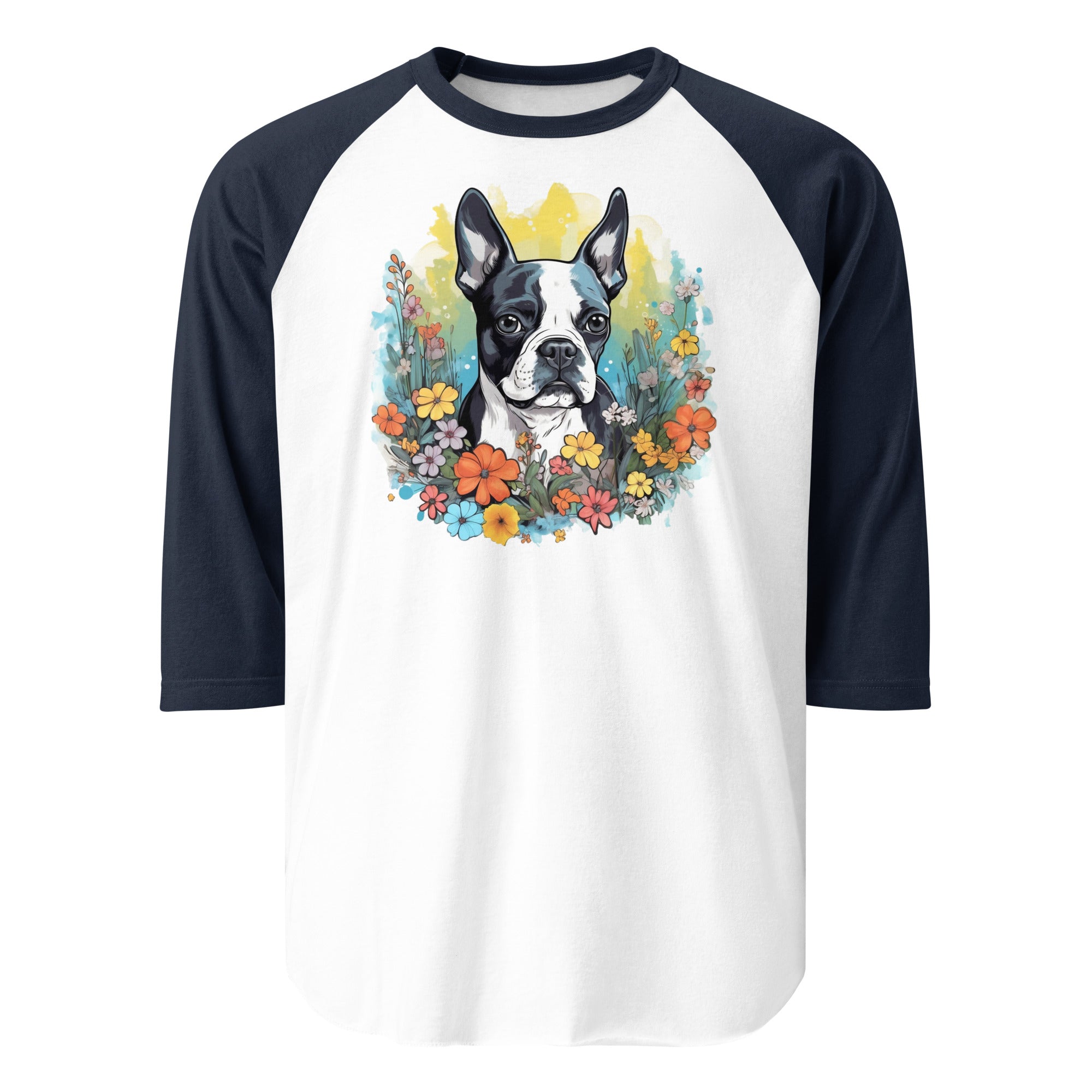 Boston Terrier Surrounded By Flowers 3/4 Sleeve Raglan Shirt . White Navy