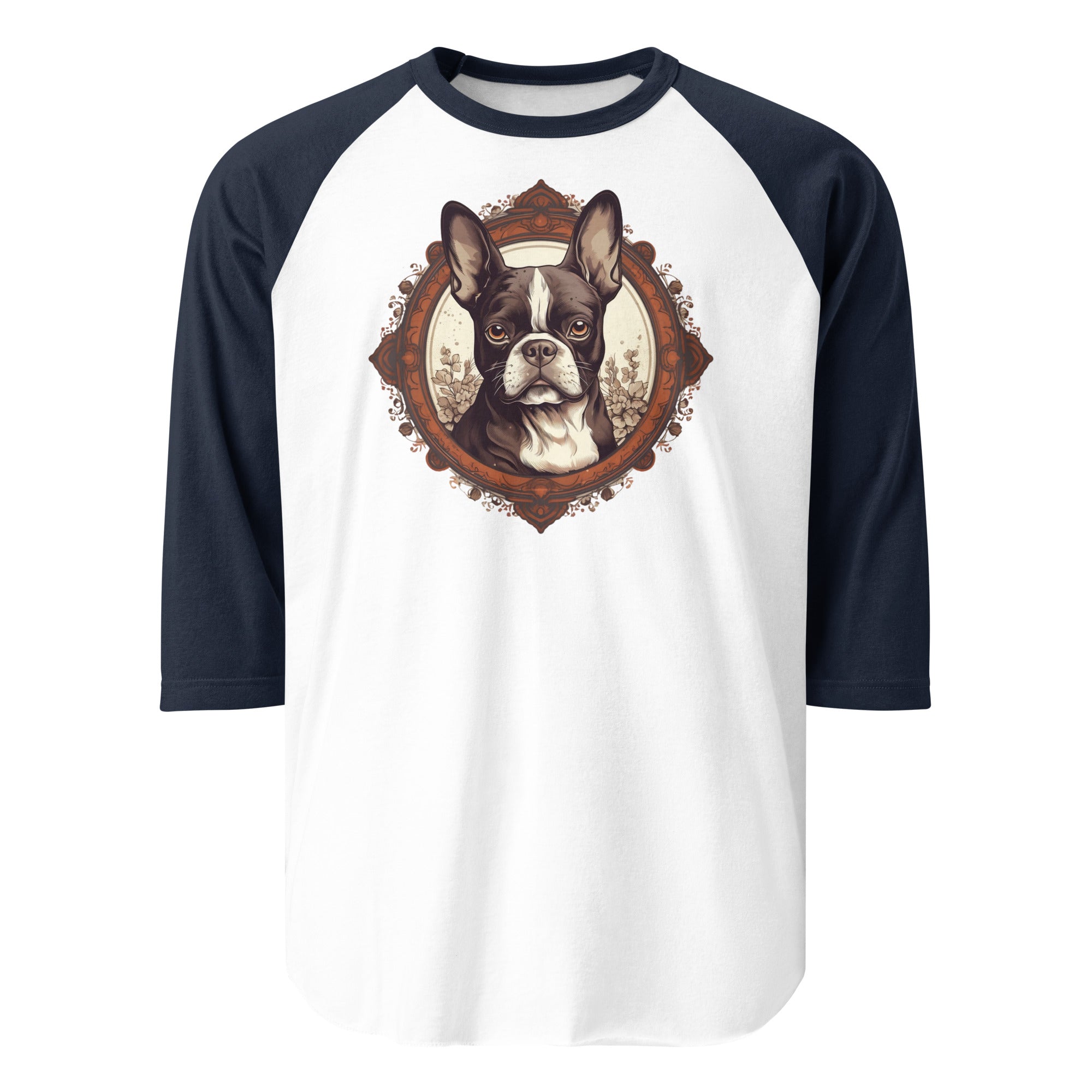 Vintage-Inspired Red Brown Boston Terrier 3/4 Sleeve Raglan Shirt . White Navy