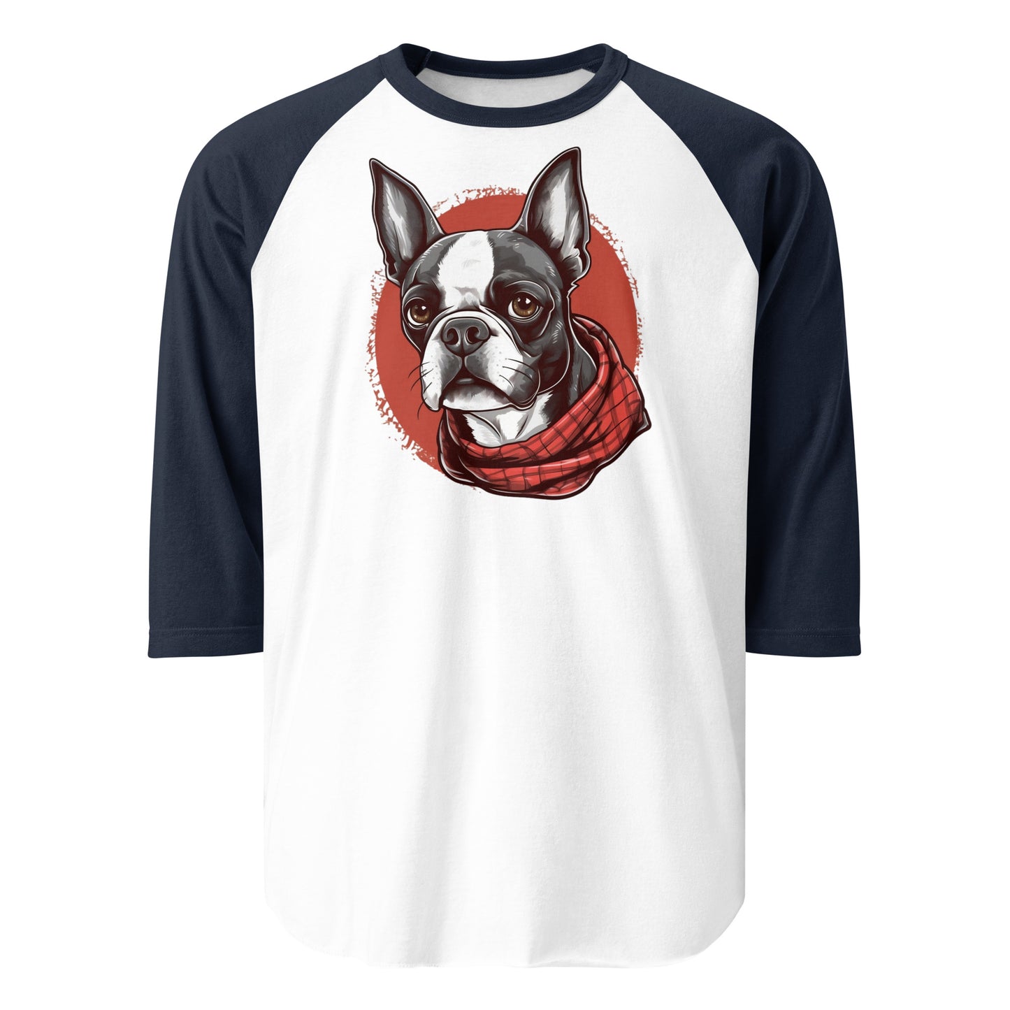 Boston Terrier Red Bandana 3/4 Sleeve Raglan Shirt . White Navy