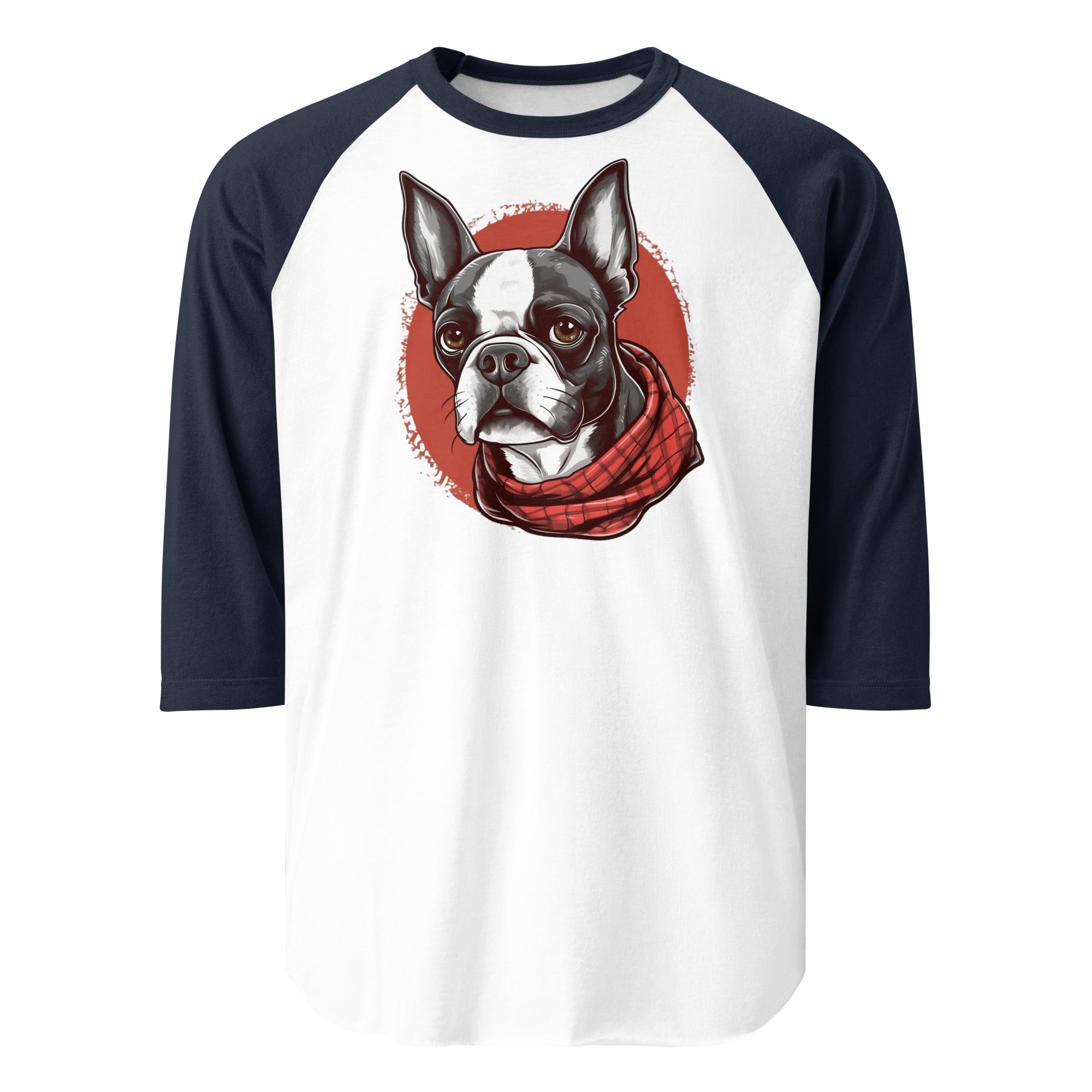 Boston Terrier Red Bandana 3/4 Sleeve Raglan Shirt . White Navy