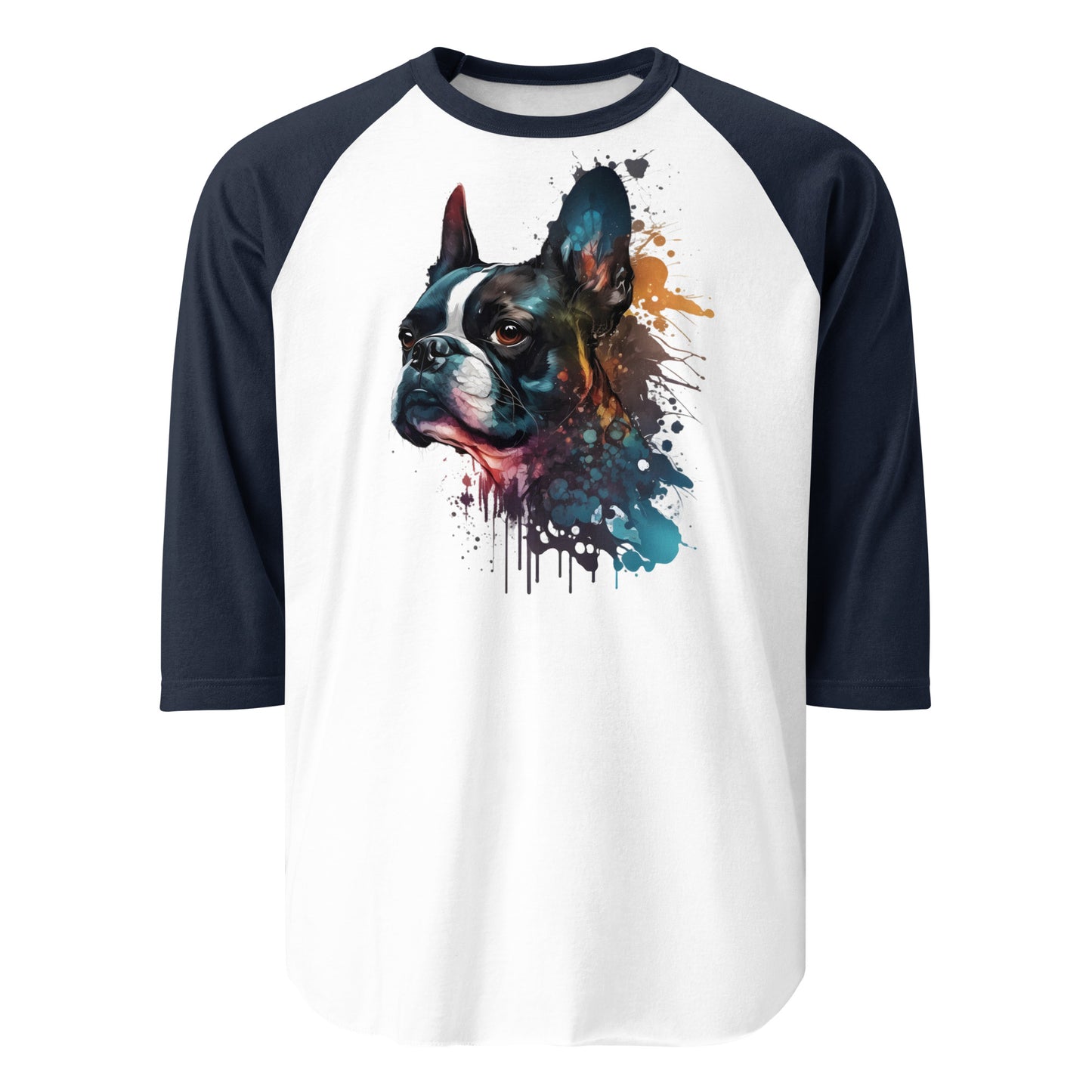 Boston Terrier Art 3/4 Sleeve Raglan Shirt . White Navy