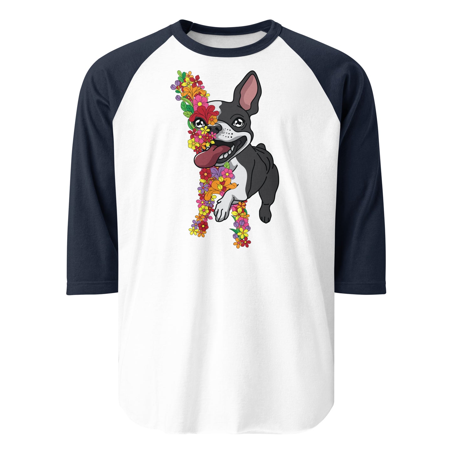 Floral Boston Terrier Dog 3/4 Sleeve Raglan Shirt . White Navy