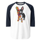 Floral Boston Terrier Dog 3/4 Sleeve Raglan Shirt . White Navy