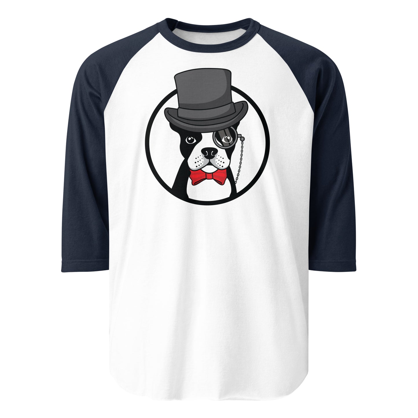 The Gentleman Boston Terrier Dog 3/4 Sleeve Raglan Shirt . White Navy