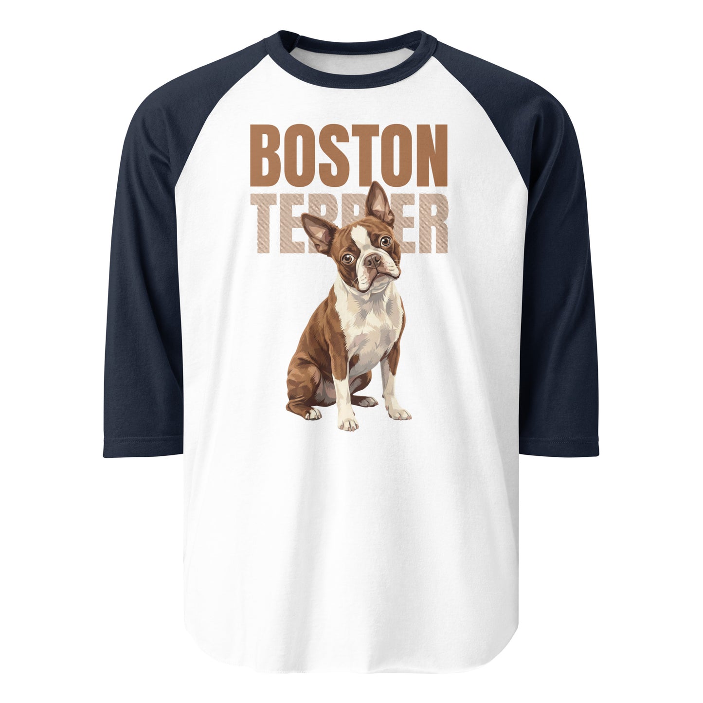 Brown Boston Terrier Dog 3/4 Sleeve Raglan Shirt . White Navy