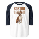 Brown Boston Terrier Dog 3/4 Sleeve Raglan Shirt . White Navy