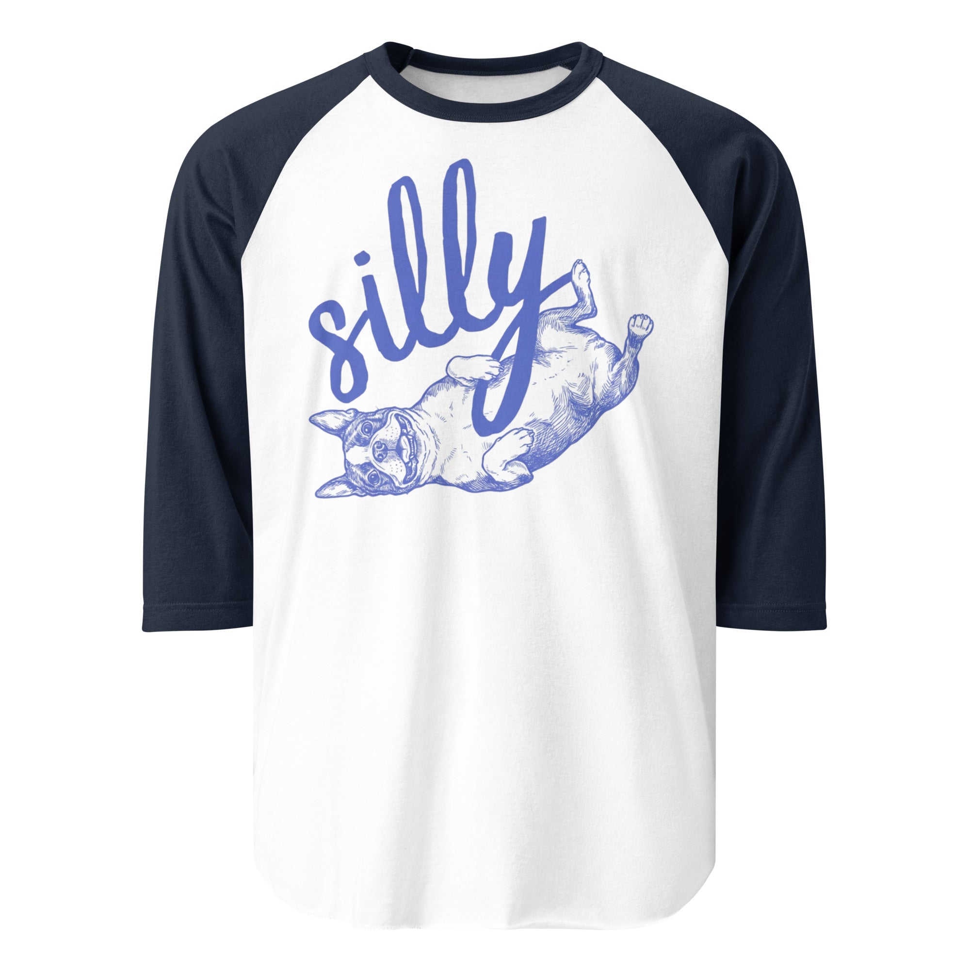 Silly Boston Terrier Dog Upside Down 3/4 Sleeve Raglan Shirt . White Navy
