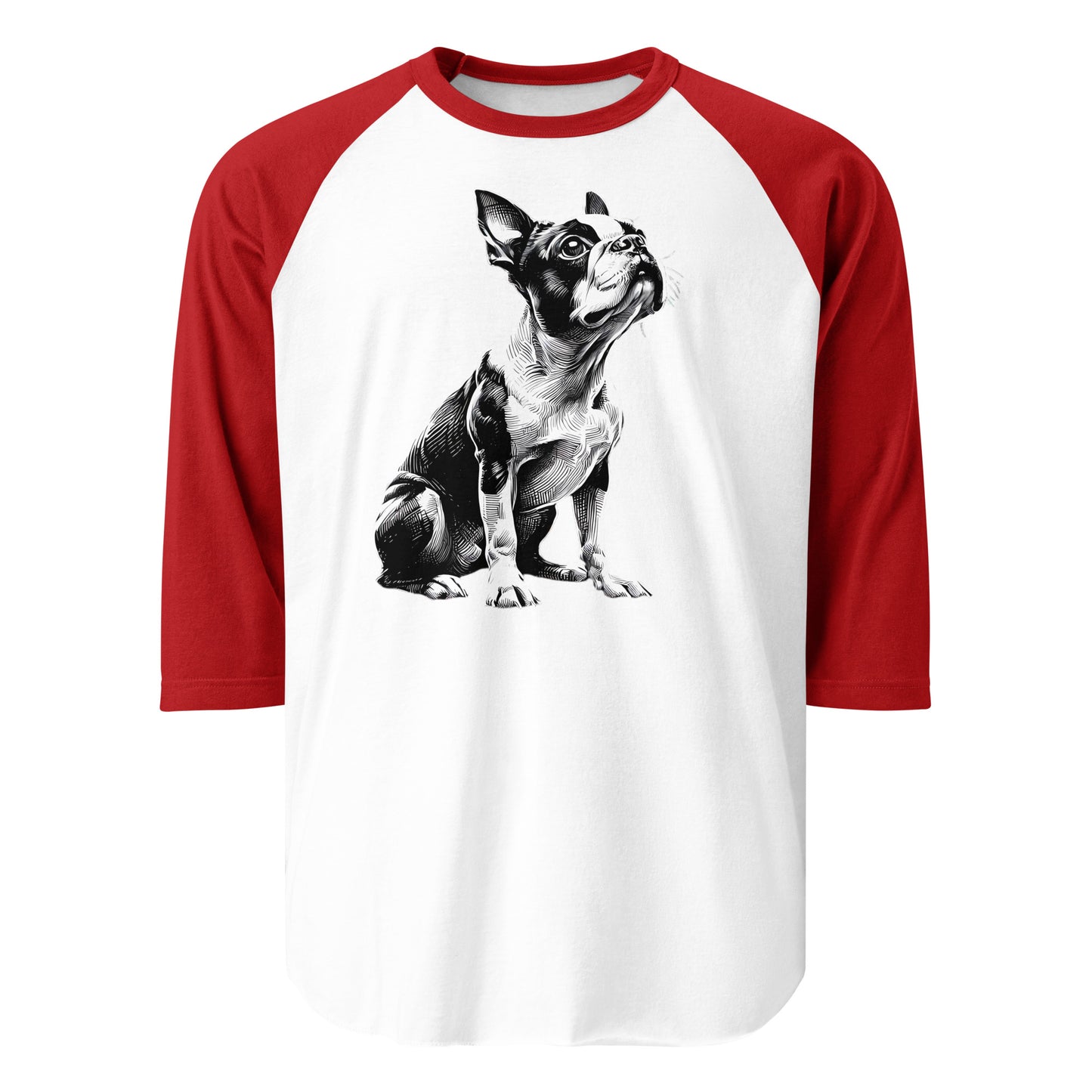 Boston Terrier Line Art 3/4 Sleeve Raglan Shirt . White Red