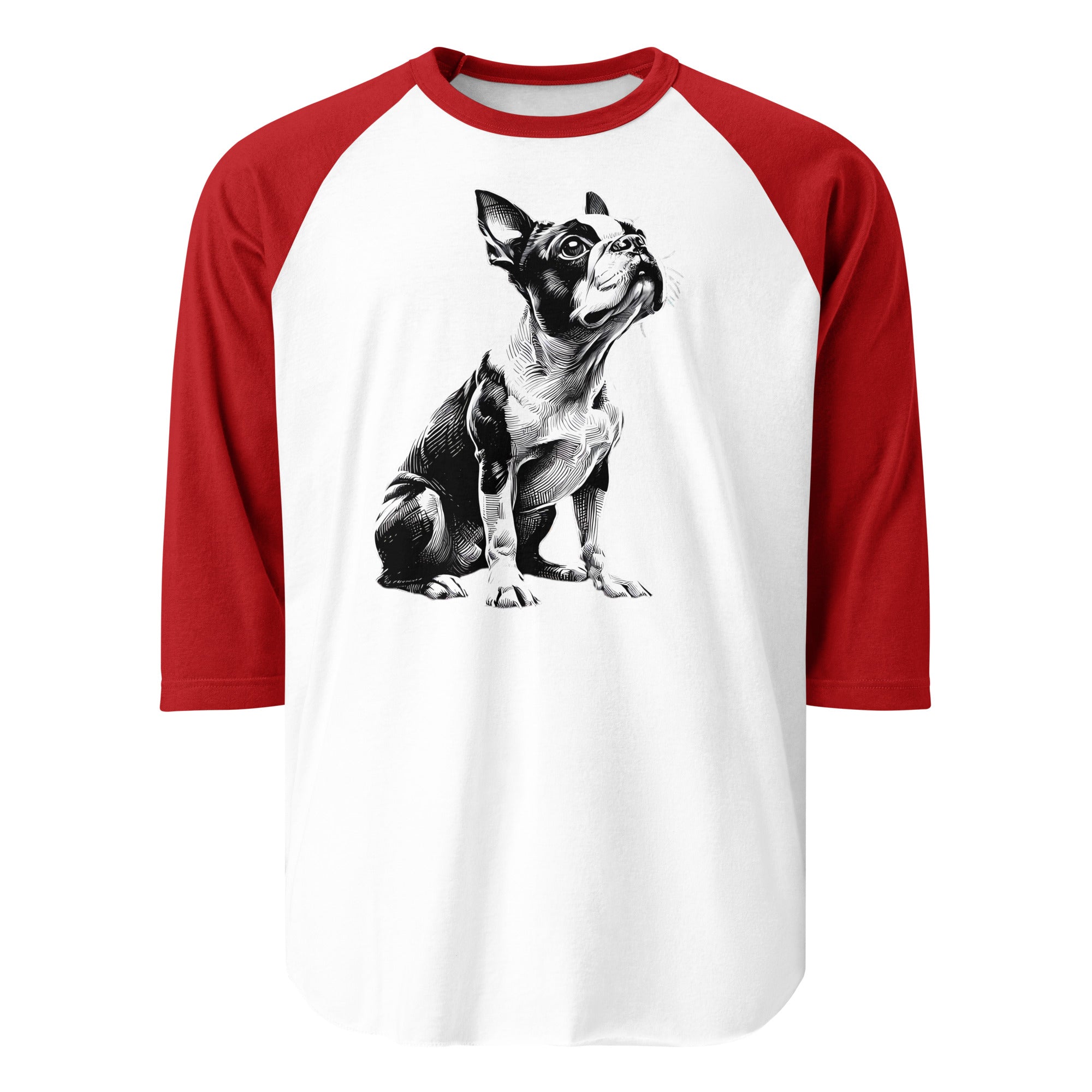 Boston Terrier Line Art 3/4 Sleeve Raglan Shirt . White Red