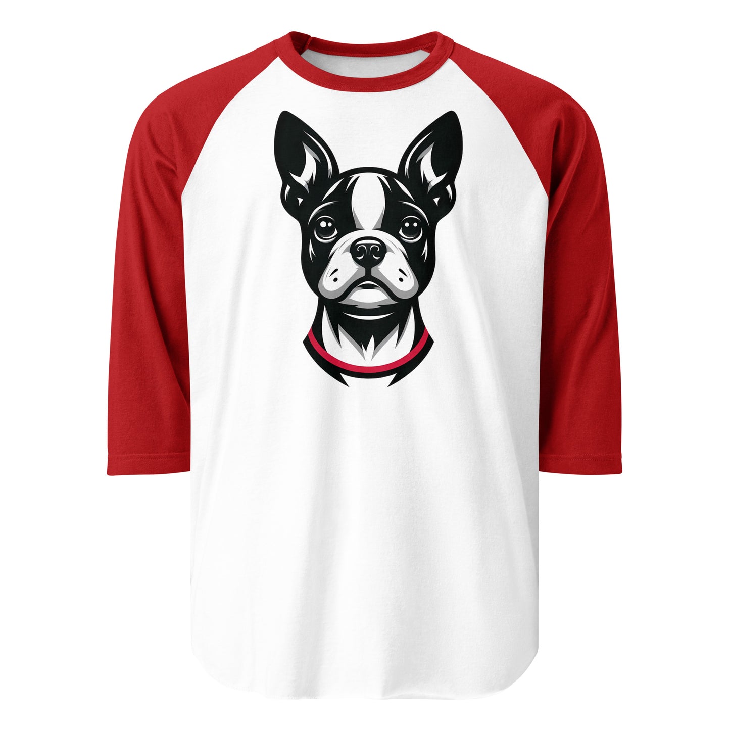 Minimalist Boston Terrier Face 3/4 Sleeve Raglan Shirt . White Red