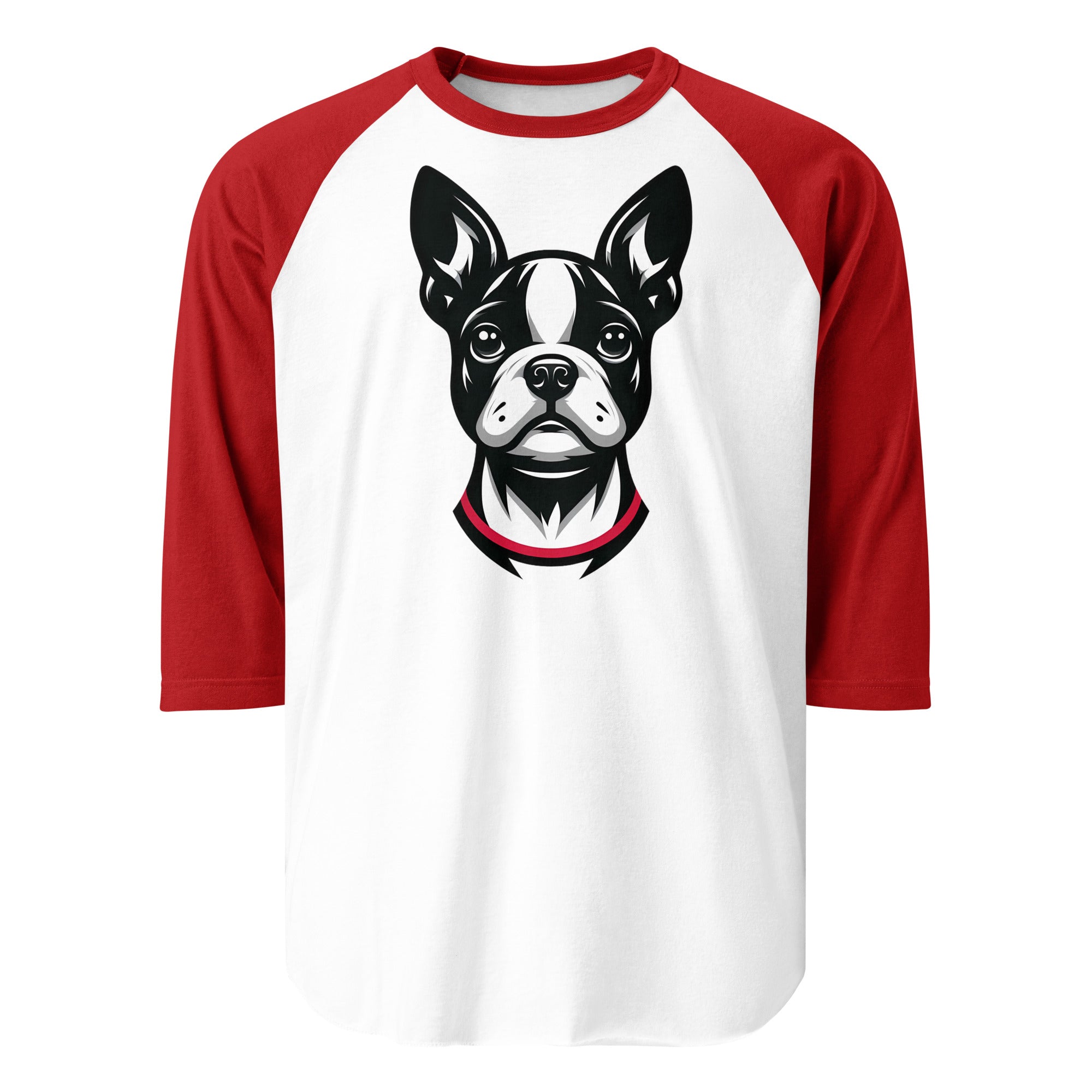 Minimalist Boston Terrier Face 3/4 Sleeve Raglan Shirt . White Red