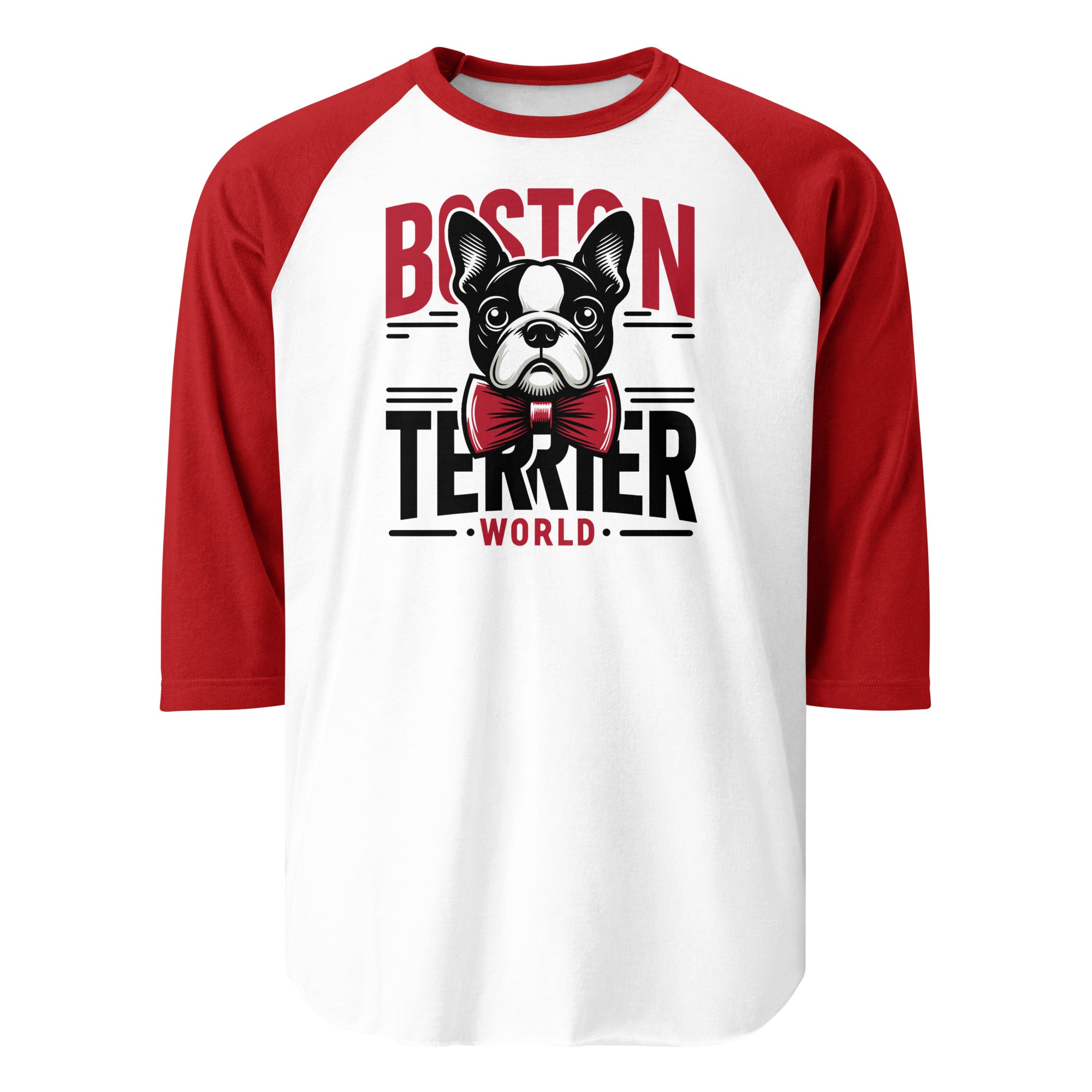 Boston Terrier World 3/4 Sleeve Raglan Shirt . White Red