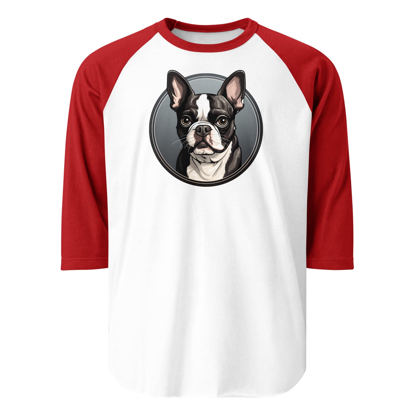 Cartoon Boston Terrier Dog Portrait 3/4 Sleeve Raglan Shirt . White Red