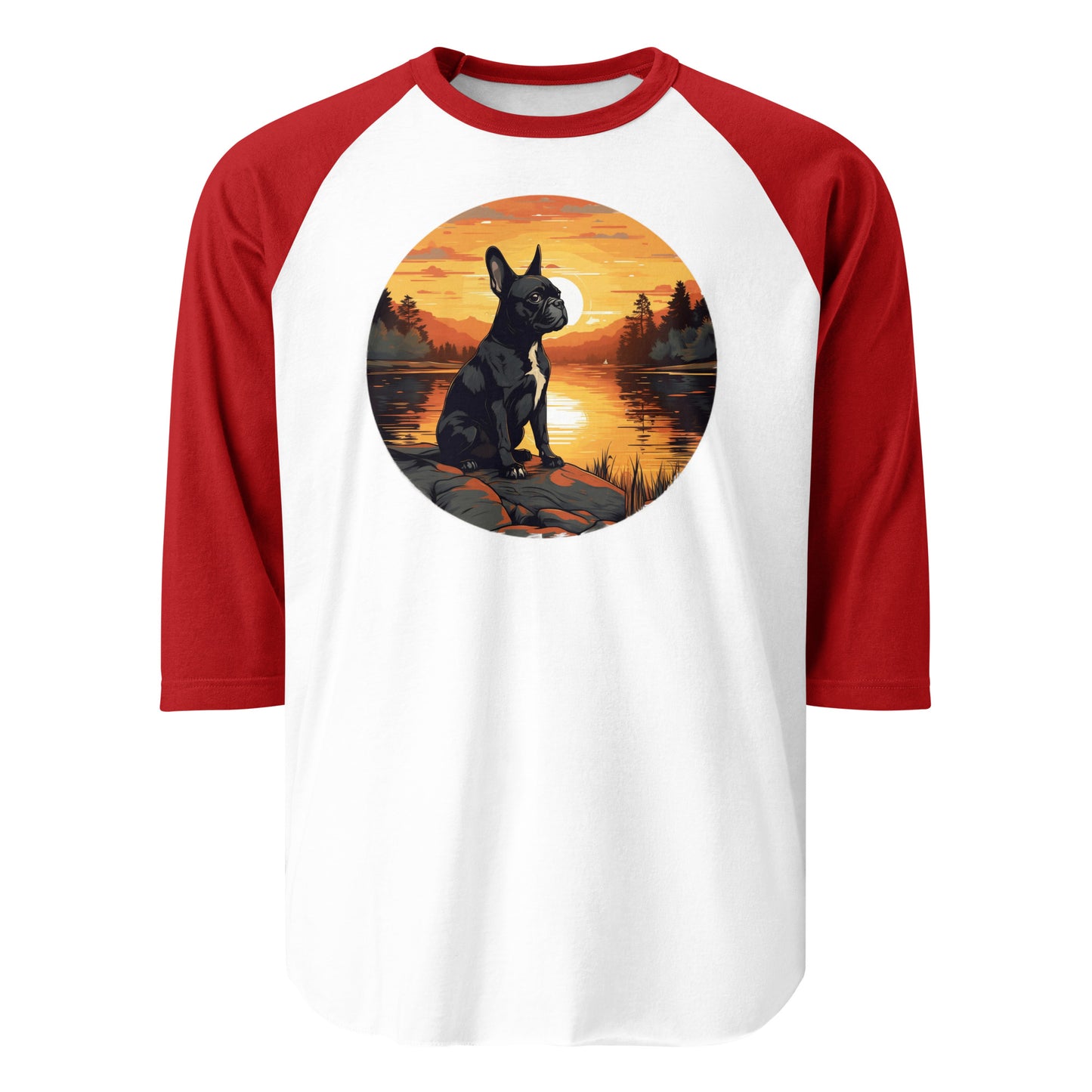 Boston Terrier Sitting By A Calm Lake 3/4 Sleeve Raglan Shirt . White Red