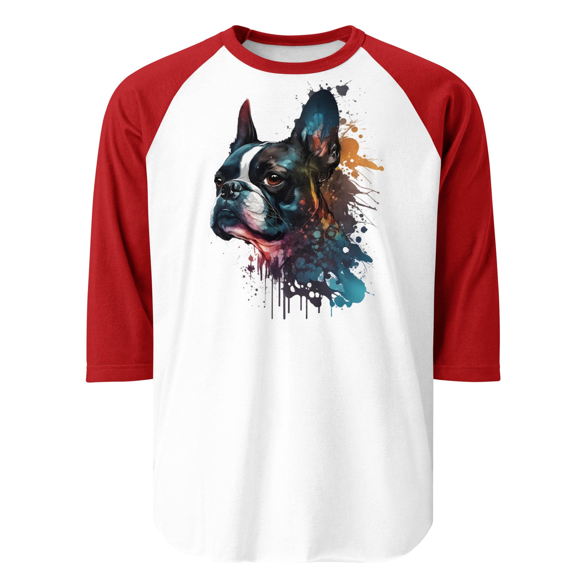 Boston Terrier Art 3/4 Sleeve Raglan Shirt . White Red
