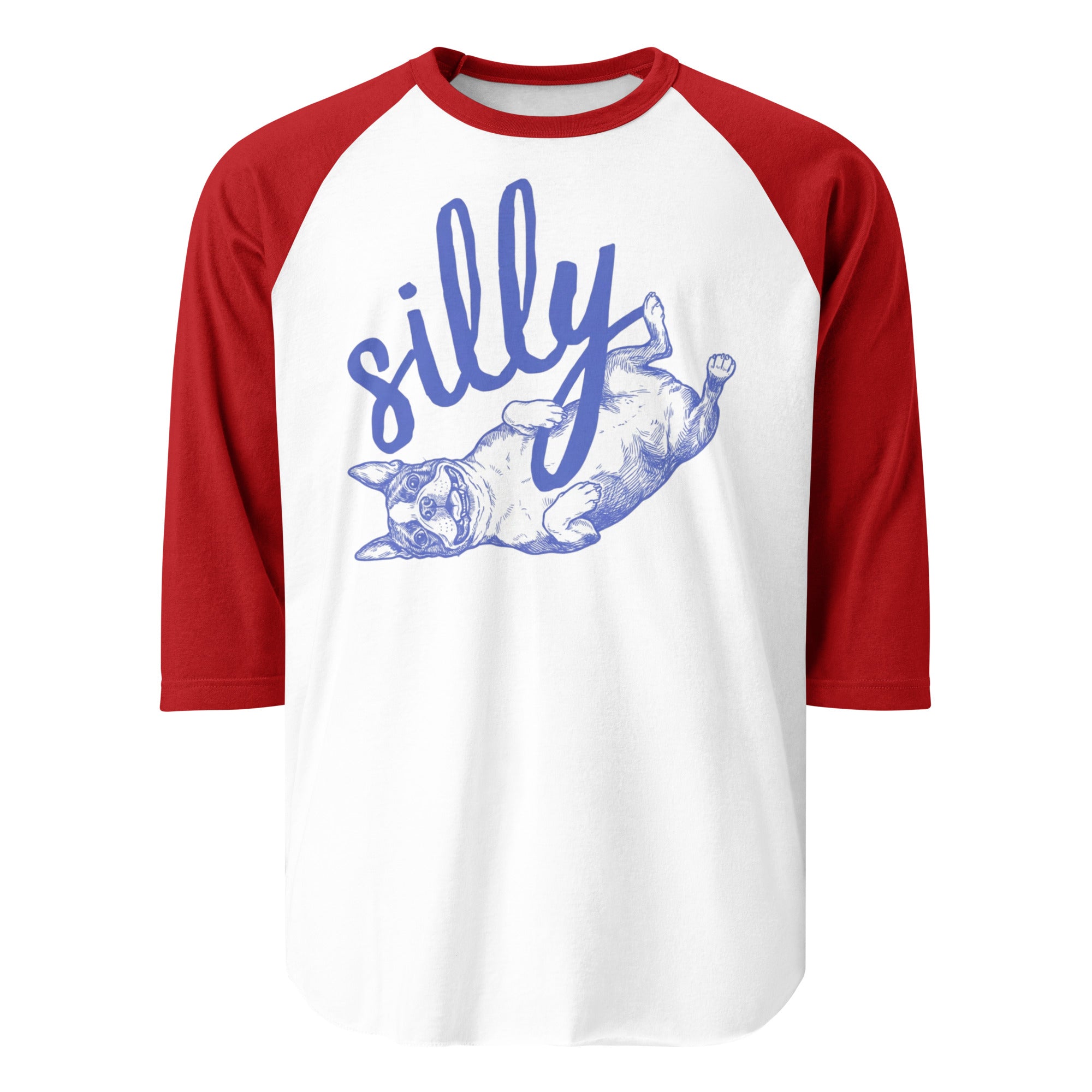 Silly Boston Terrier Dog Upside Down 3/4 Sleeve Raglan Shirt . White Red