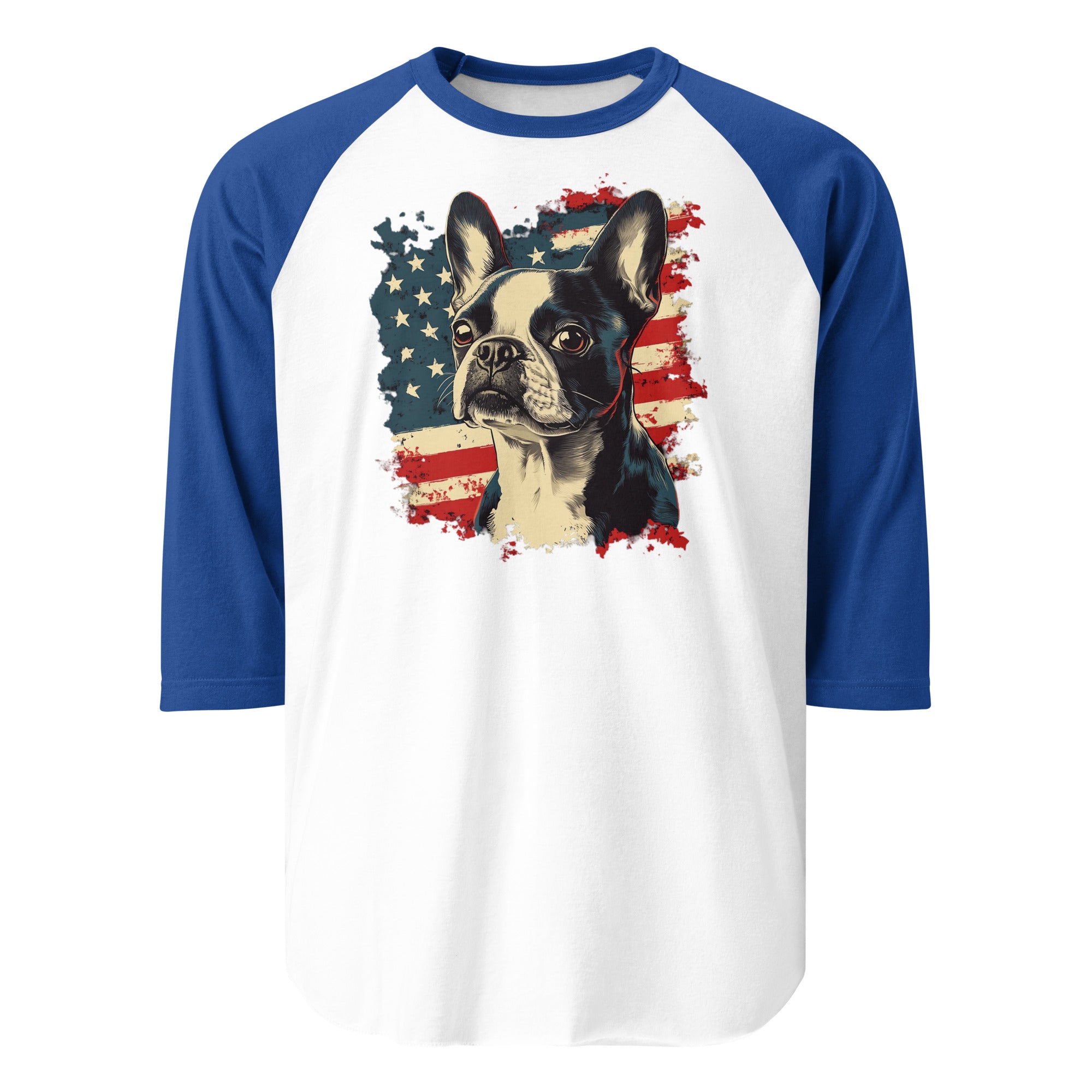 USA Flag United States Boston Terrier Dog 3/4 Sleeve Raglan Shirt . White Royal