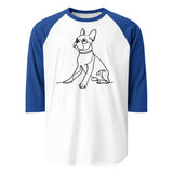 Line Drawn Boston Terrier Dog 3/4 Sleeve Raglan Shirt . White Royal