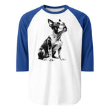 Boston Terrier Line Art 3/4 Sleeve Raglan Shirt . White Royal