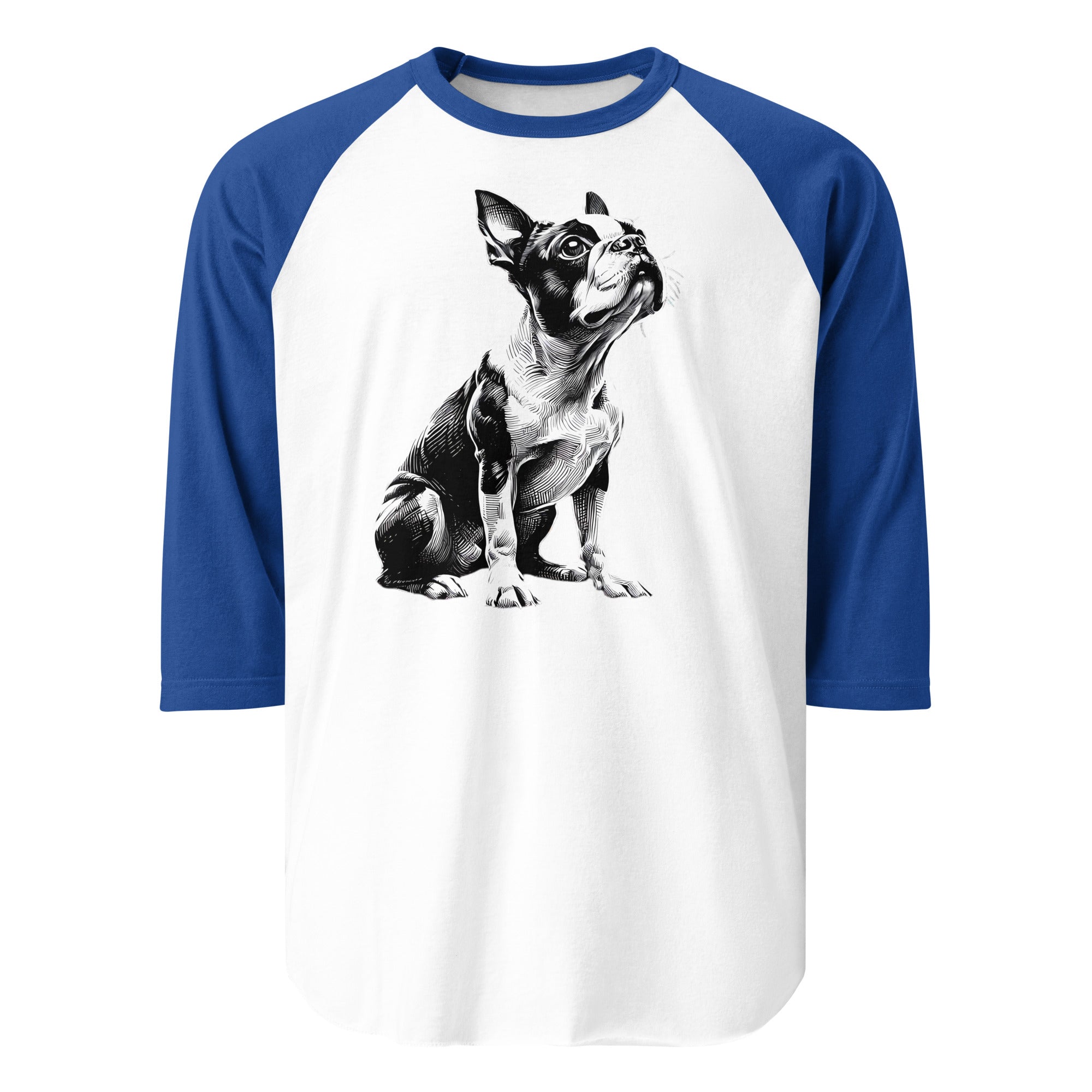 Boston Terrier Line Art 3/4 Sleeve Raglan Shirt . White Royal