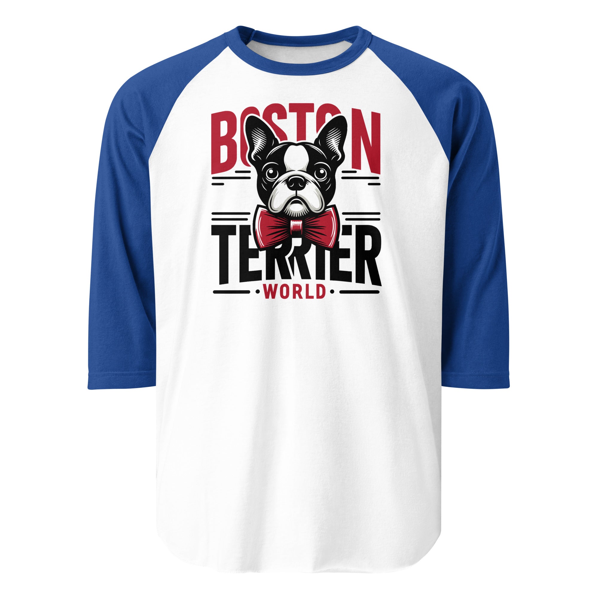 Boston Terrier World 3/4 Sleeve Raglan Shirt . White Royal