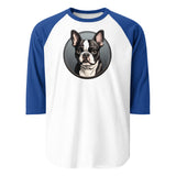 Cartoon Boston Terrier Dog Portrait 3/4 Sleeve Raglan Shirt . White Royal