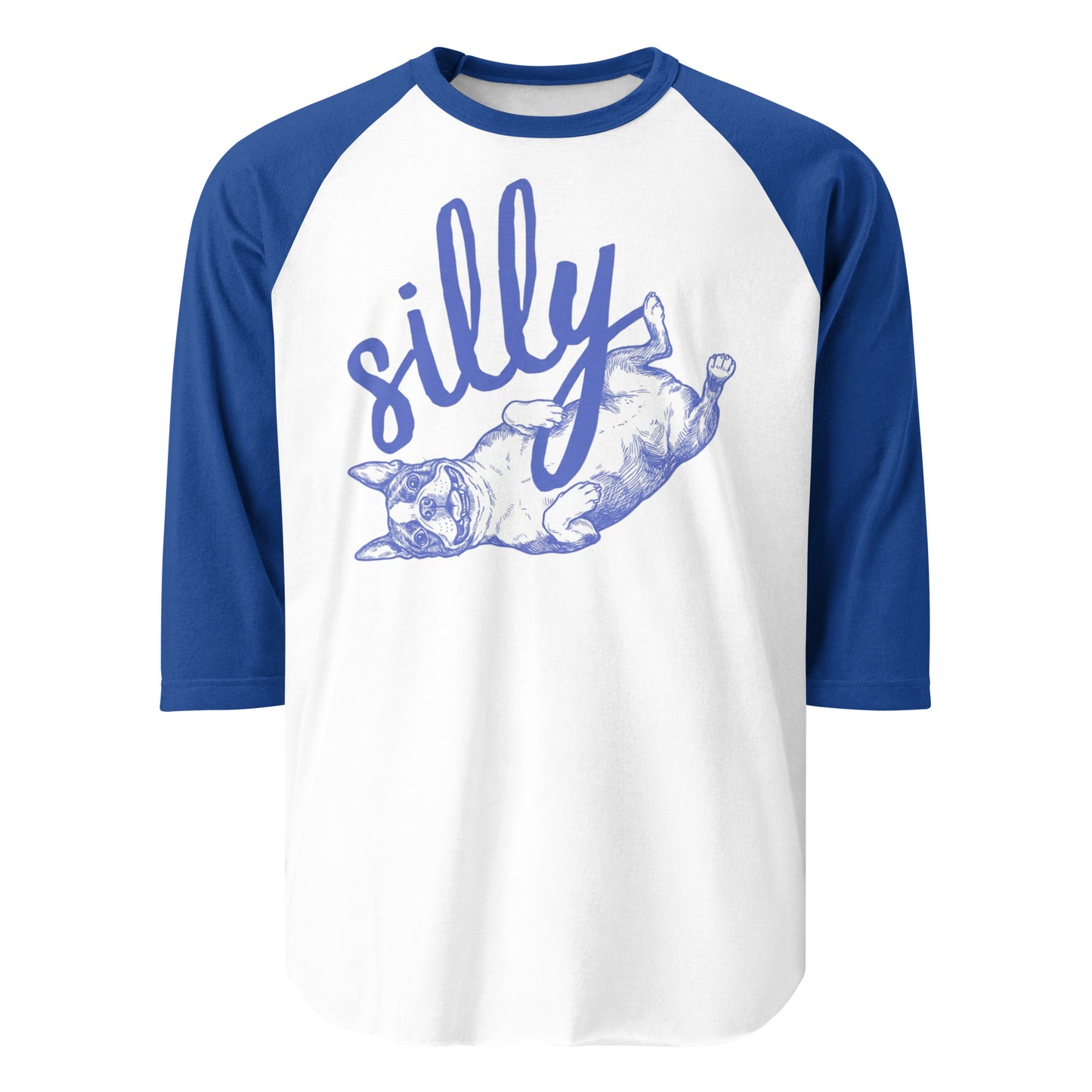 Silly Boston Terrier Dog Upside Down 3/4 Sleeve Raglan Shirt . White Royal