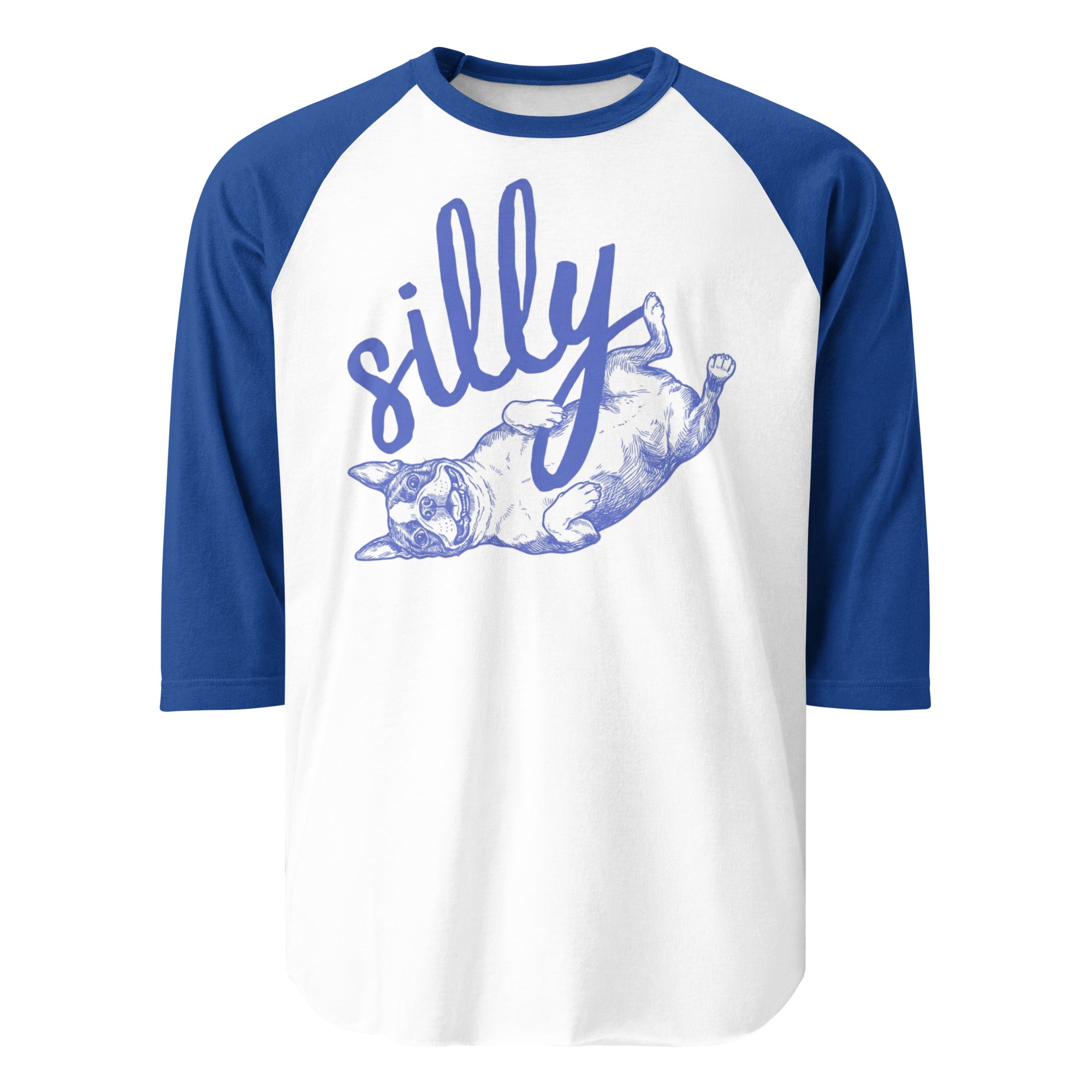 Silly Boston Terrier Dog Upside Down 3/4 Sleeve Raglan Shirt . White Royal