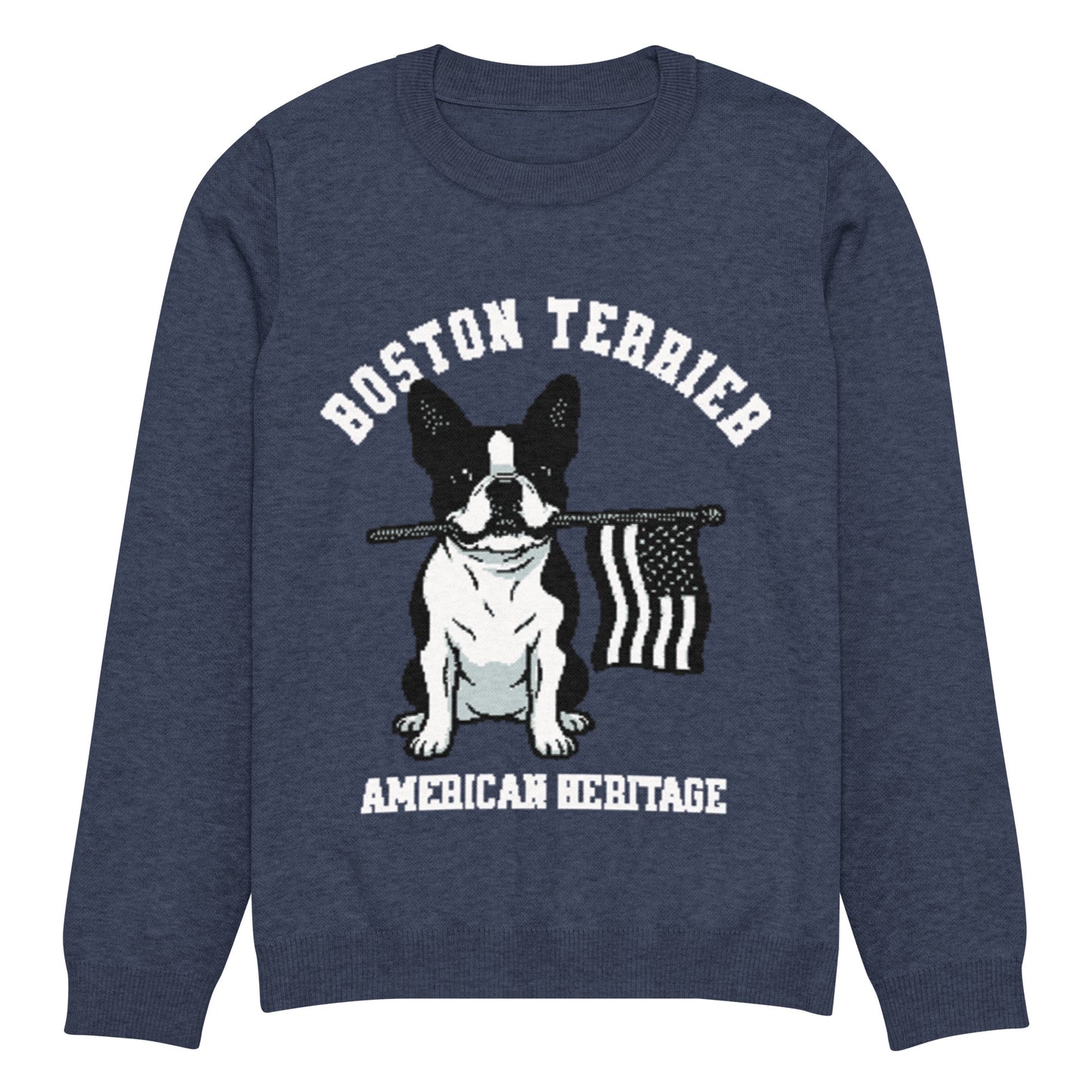 American Heritage Boston Terrier Dog Knitted Crew Neck Sweater - Navy .