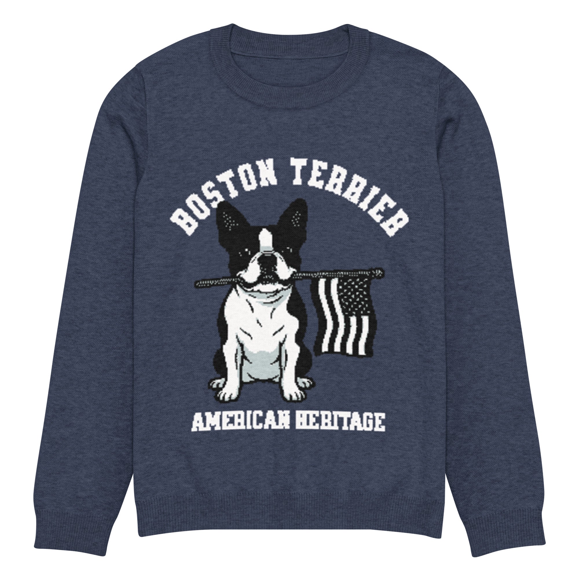 American Heritage Boston Terrier Dog Knitted Crew Neck Sweater - Navy .