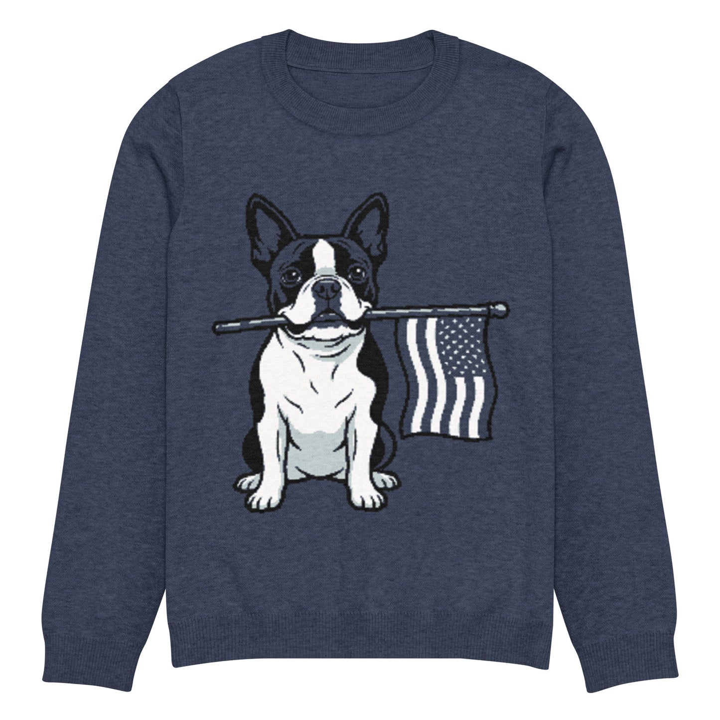 American Flag Boston Terrier Dog Knitted Crew Neck Sweater - Navy .