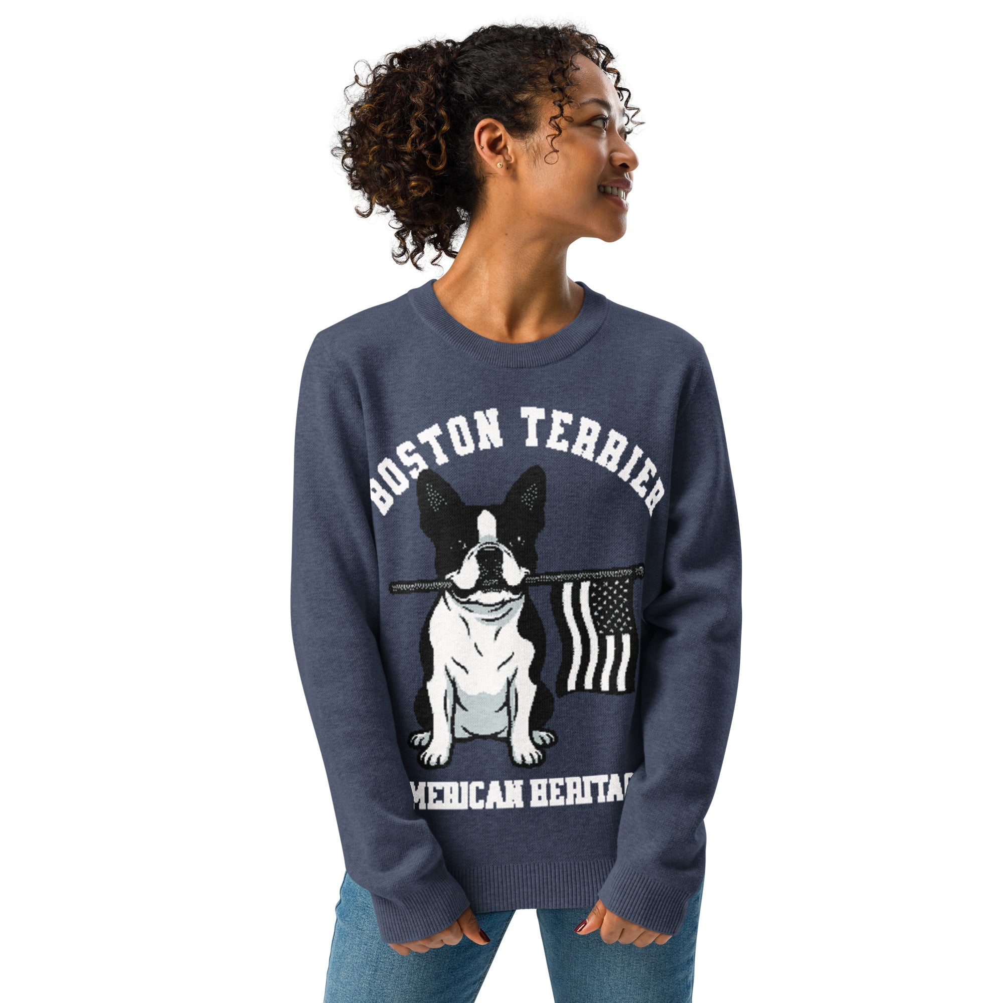 American Heritage Boston Terrier Dog Knitted Crew Neck Sweater - Navy .