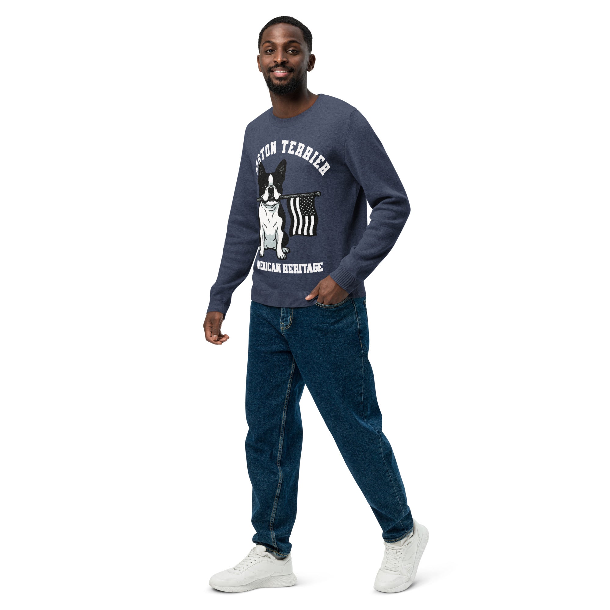American Heritage Boston Terrier Dog Knitted Crew Neck Sweater - Navy .