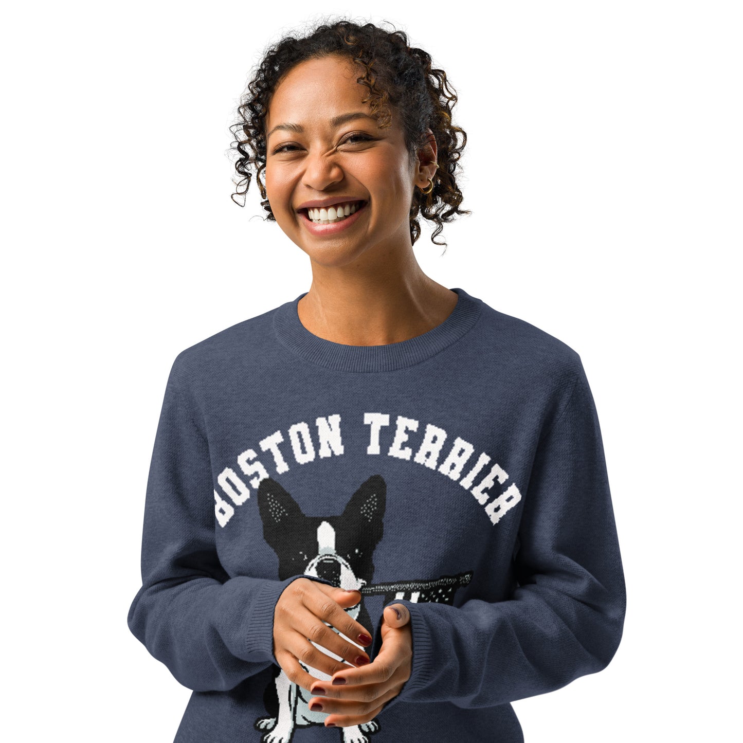 American Heritage Boston Terrier Dog Knitted Crew Neck Sweater - Navy .