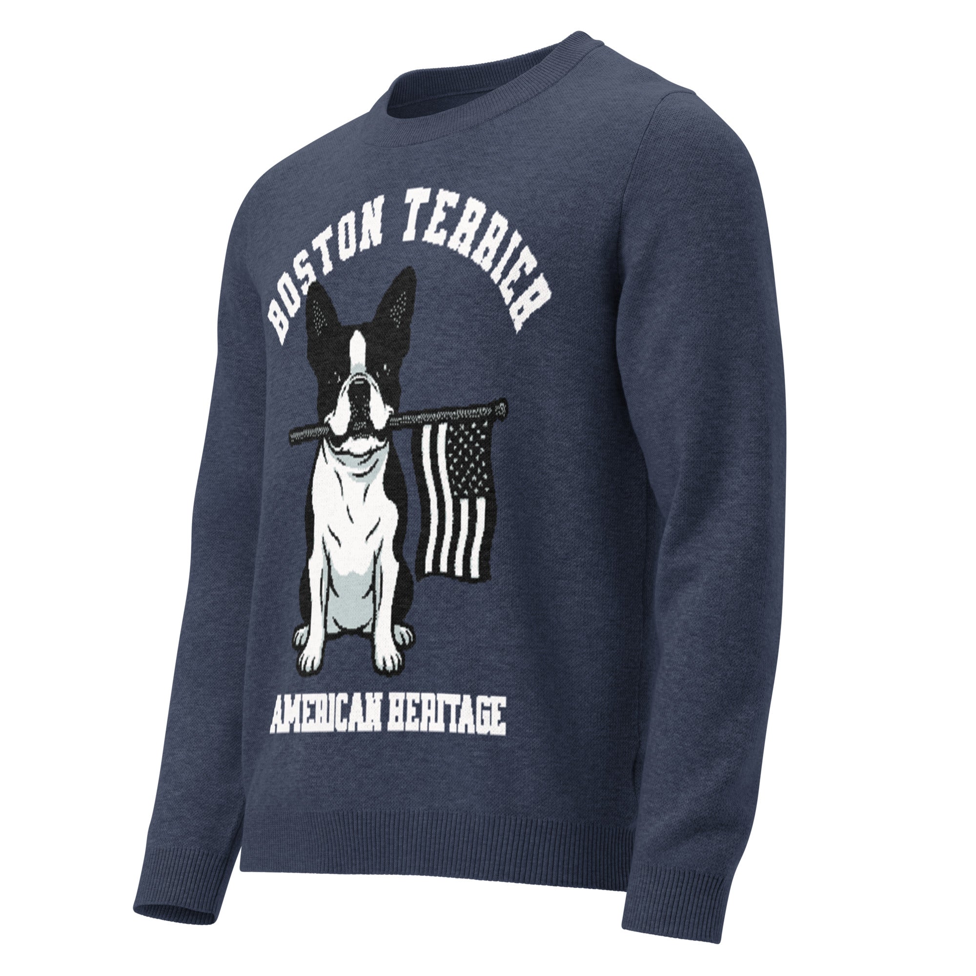 American Heritage Boston Terrier Dog Knitted Crew Neck Sweater - Navy .