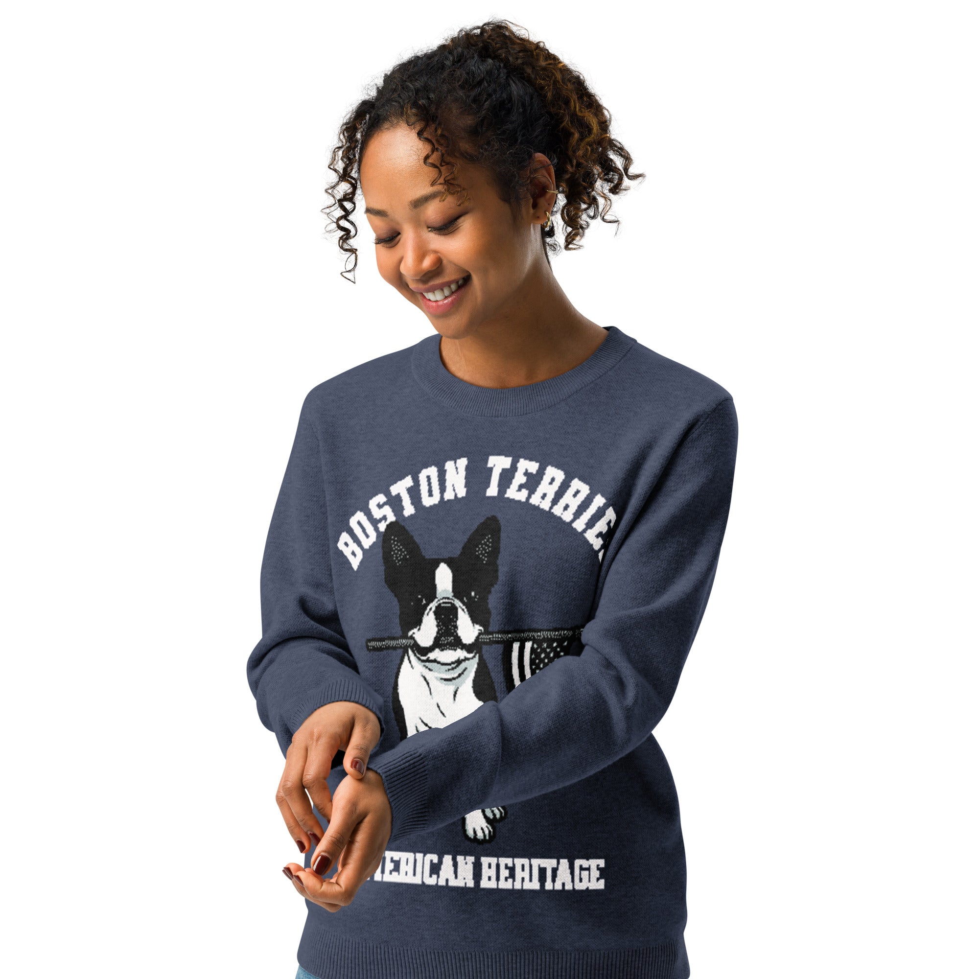 American Heritage Boston Terrier Dog Knitted Crew Neck Sweater - Navy .