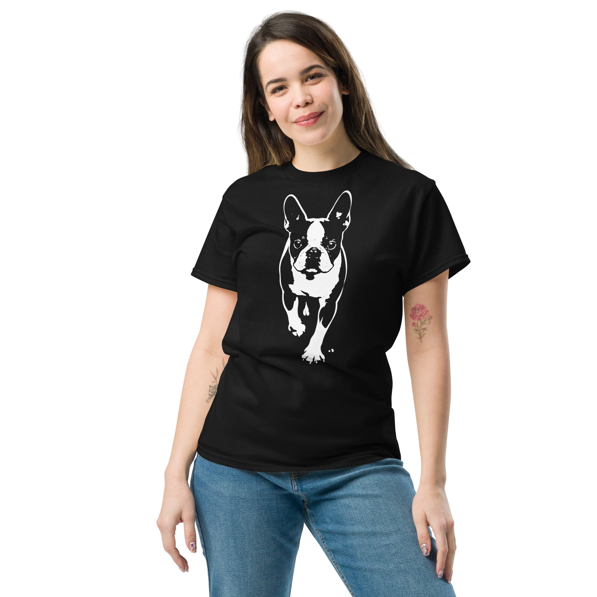 Boston Terrier Stencil Graphic – Minimalist Dog Lover Unisex Classic Tee .