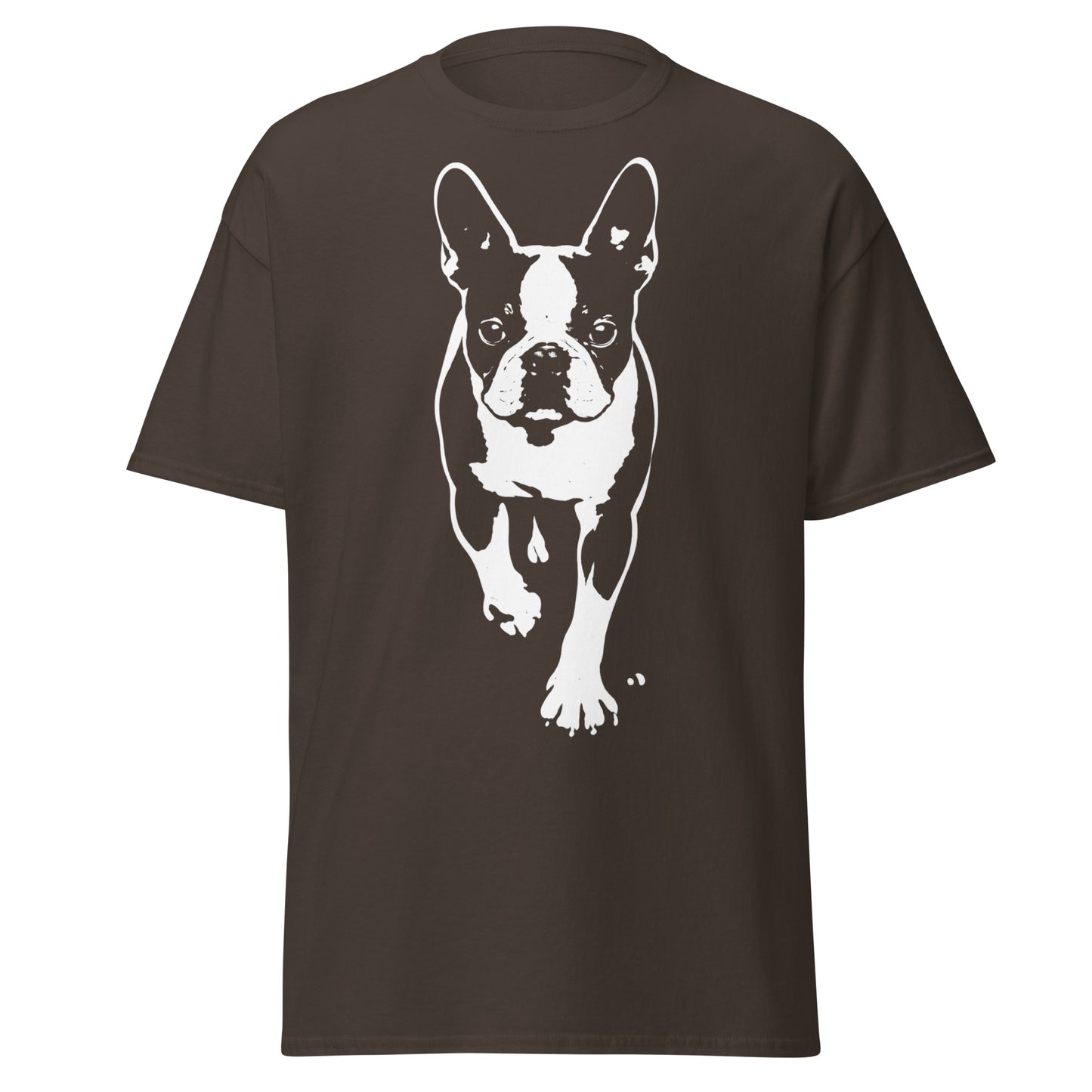 Boston Terrier Stencil Graphic – Minimalist Dog Lover Unisex Classic Tee . Dark Chocolate